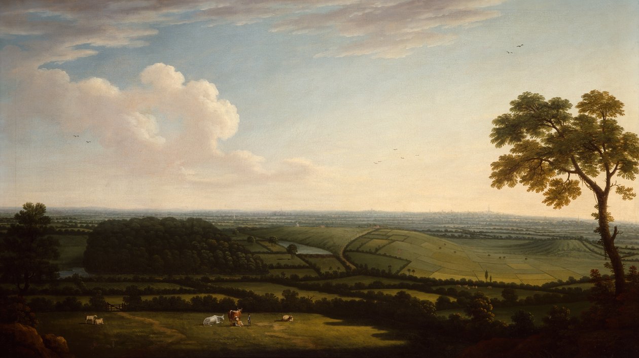Omfattende skovklædt landskab med en fjern udsigt over en by (olie) af Joseph Mallord William Turner