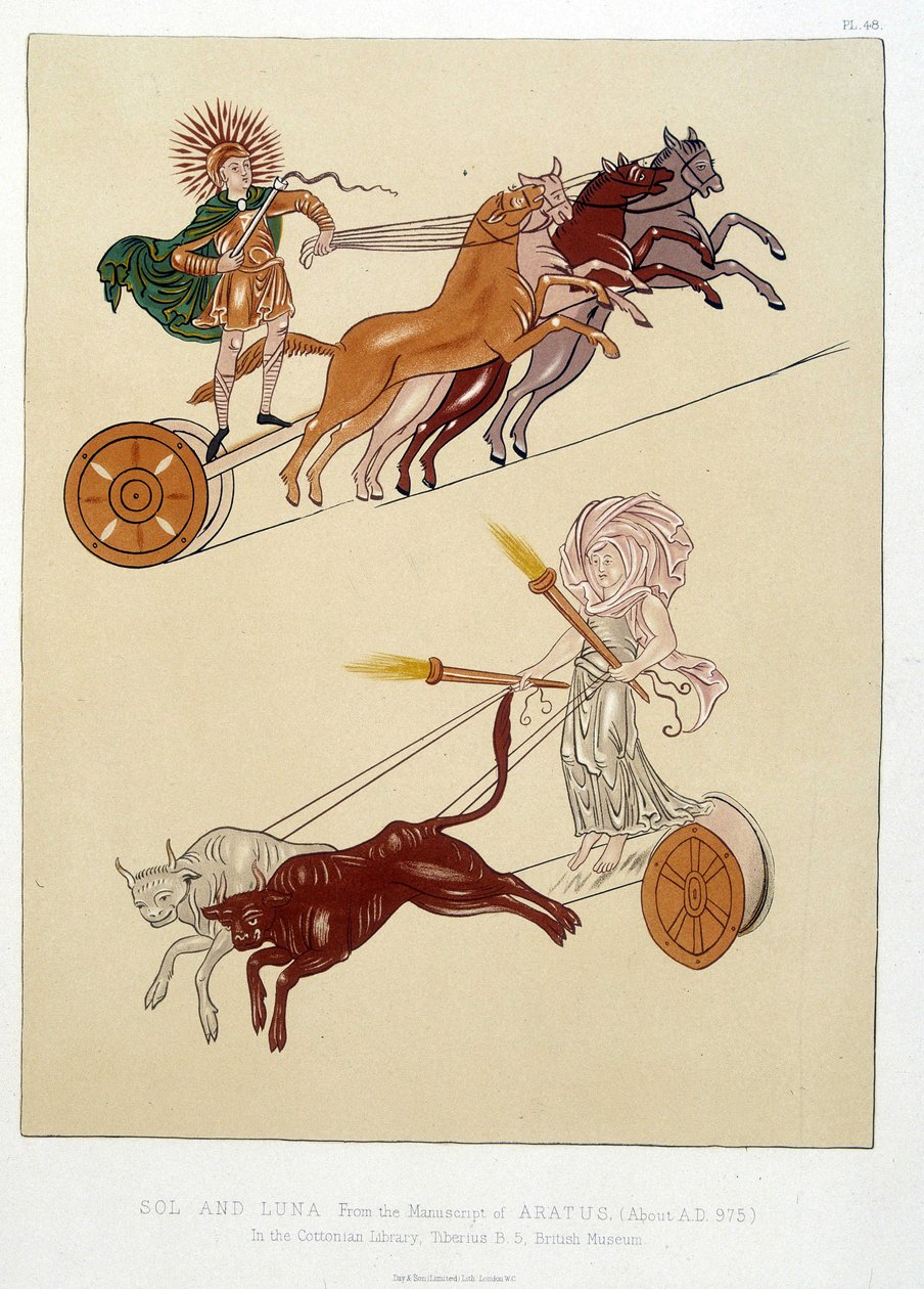Allegoriske figurer af solen og månen - i "Miniaturerne og ornamenterne af anglosaxiske og irske manuskripter" af William (1824  after 1913) Day