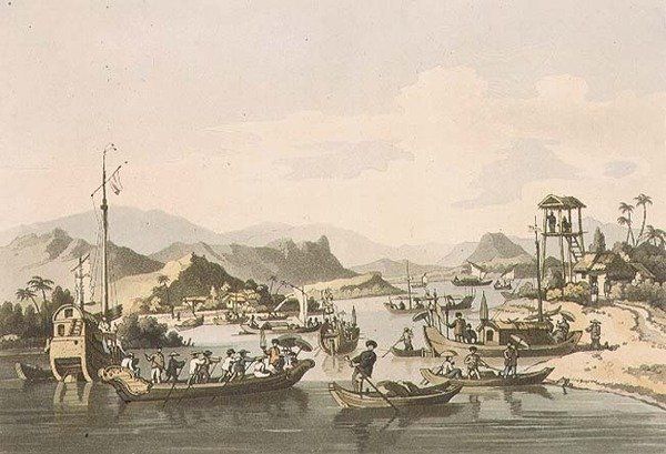 Cochin-Chinese Shipping on the River Taifo, planche 15 fra "A Voyage to Cochinchina" af John Barrow (1764-1848), graveret af Thomas Medland (1755-1823) 1806 (akvaratint) af William (after) Alexander
