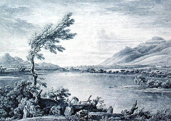 En udsigt over Derwentwater fra Vicars Island mod Skiddaw, indgraveret af Chatelin og Grignion (gravering) af William (after) Bellers