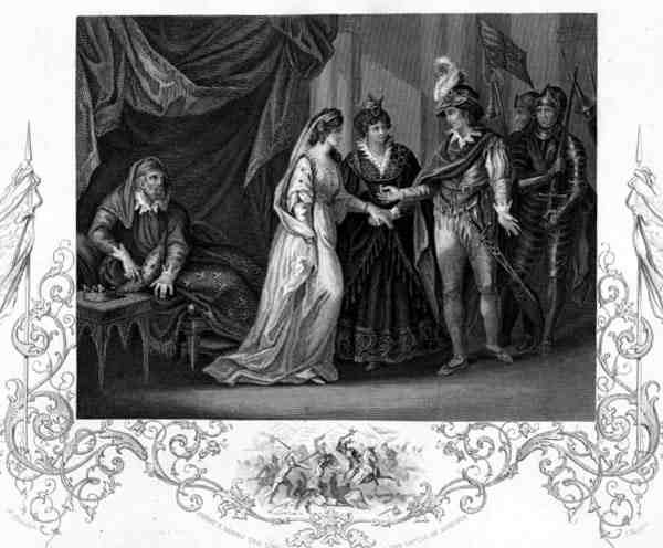 Konklusionen af traktaten i Troye, i Henry V af William Shakespeare (1564-1616), graveret af J. Rogers (stik) af William (after) Hamilton