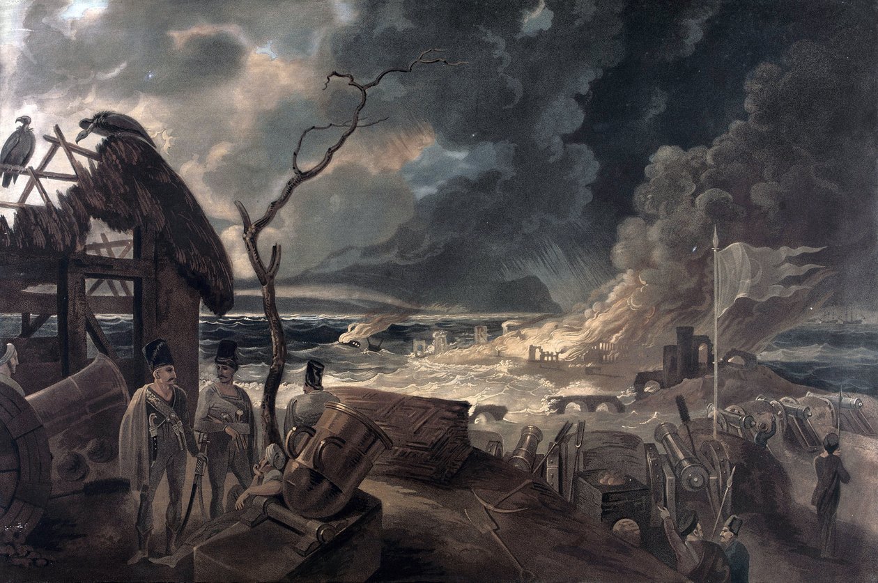 Krigens konsekvenser, scene med soldater og kanoner. Farvetryk baseret på et maleri af William Hodges (1744-1797). af William (after) Hodges