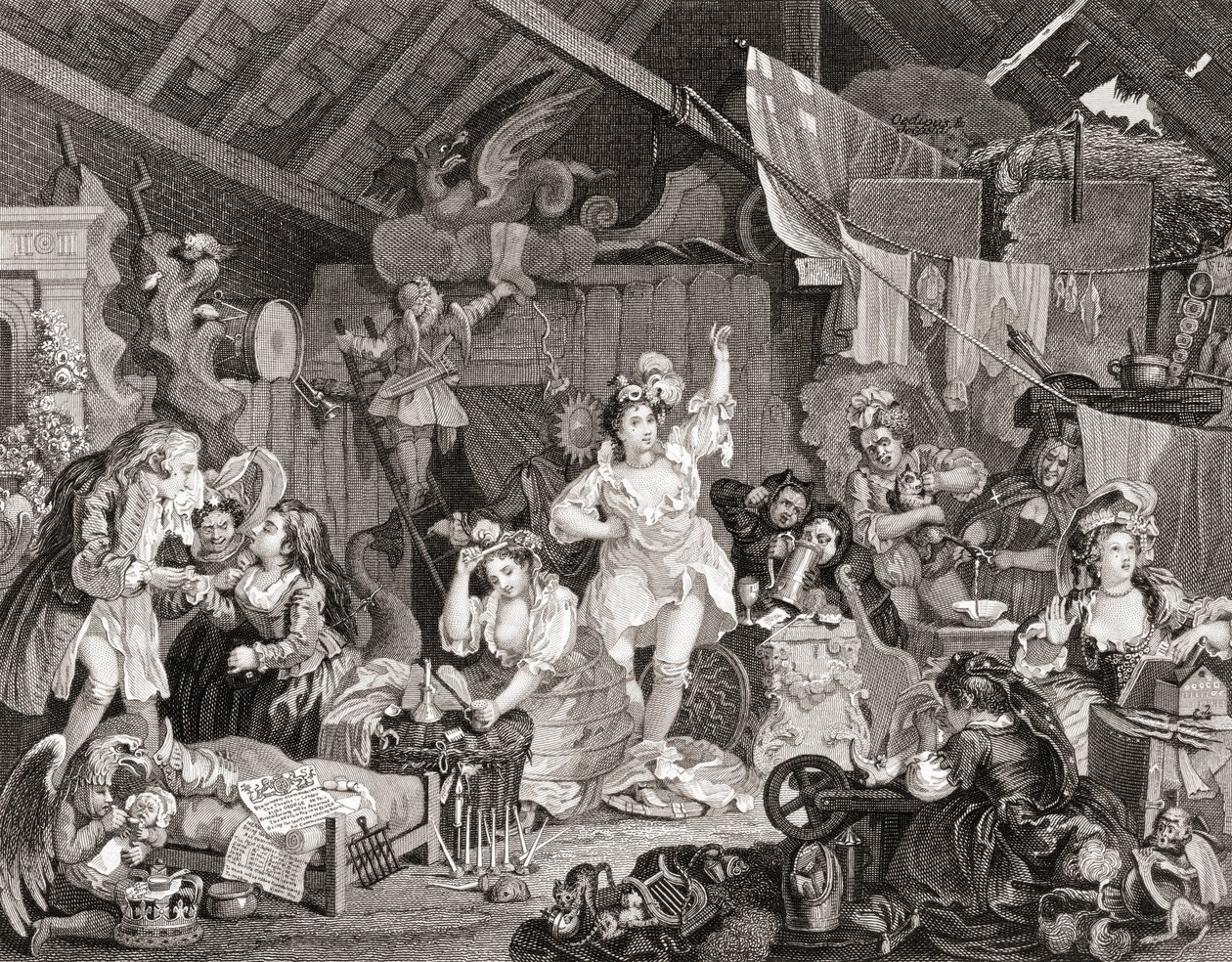 Spadserspillere øver i en lade, indgraveret af G Presbury, fra The Works of Hogarth udgivet London 1833 (s/h gravering) af William (after) Hogarth