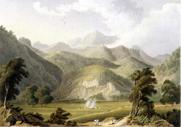 Approach to the Bore Ghaut, fra et maleri af oberstløjtnant Johnson, indgraveret af T. Fielding og farvelagt af J.B. Hogarth (litho) af William (after) Westall