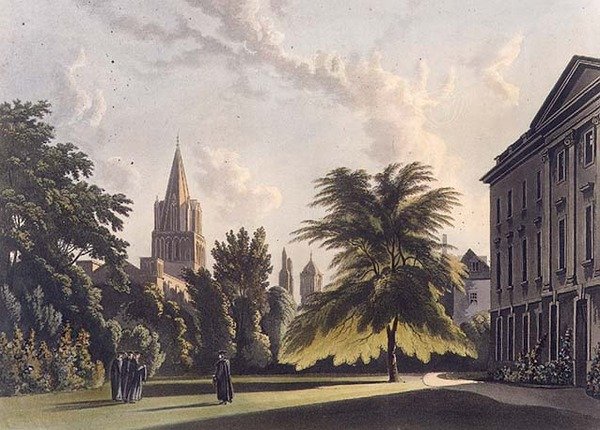 Yderside af Corpus Christi College og Christ Church Cathedral, illustration fra 