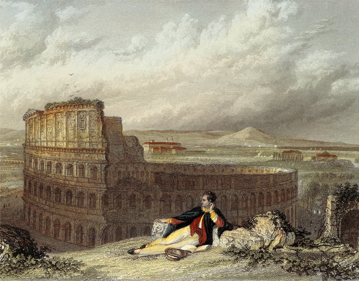 Lord Byron overvejer Colosseum (farvet indgravering) af William (after) Westall