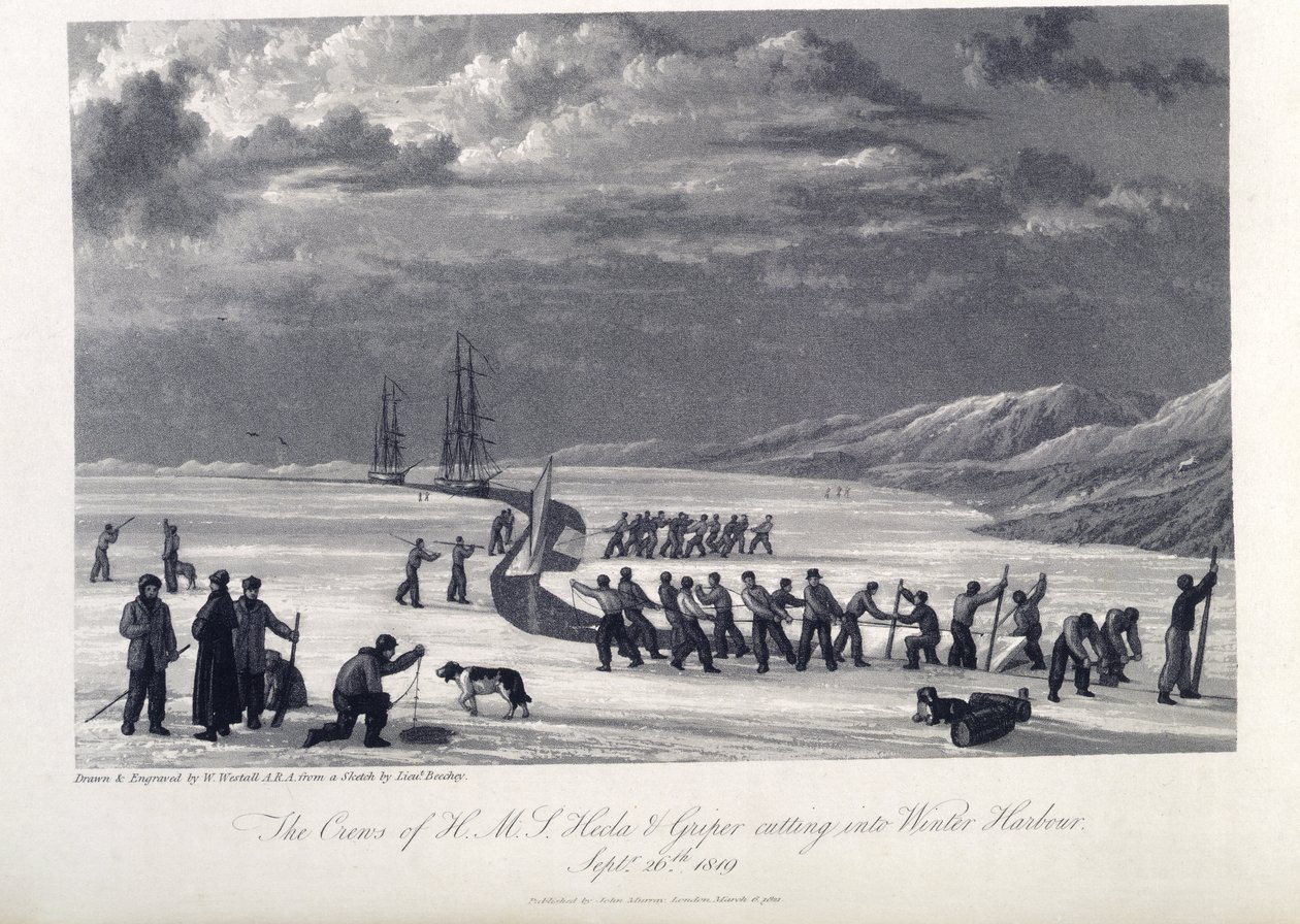 Besætningen på H.M.S. Hecla og Griper skærer ind i vinterhavnen, 26. september 1819, illustration fra 