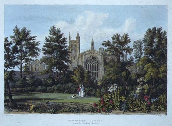 Winchester College set fra forstanderens have, fra "History of Winchester College", del af "History of the Colleges", graveret af Joseph Constantine Stadler (fl.1780-1812) udgivet af R. Ackermann. af William (after) Westall