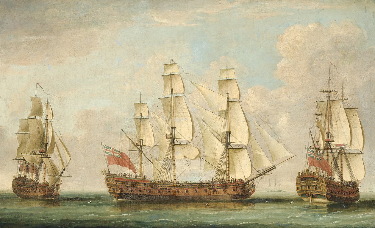 The Honorable [East India] Companys skib Bessborough i tre positioner i kanalen med hendes dæk fyldt med mennesker (olie på lærred) af William (attr. to) Elliott