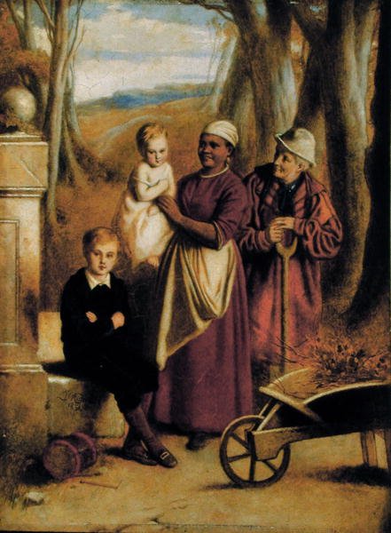 To børn, sygeplejerske og gammel mand (olie på panel) af William (attr. to) Mulready