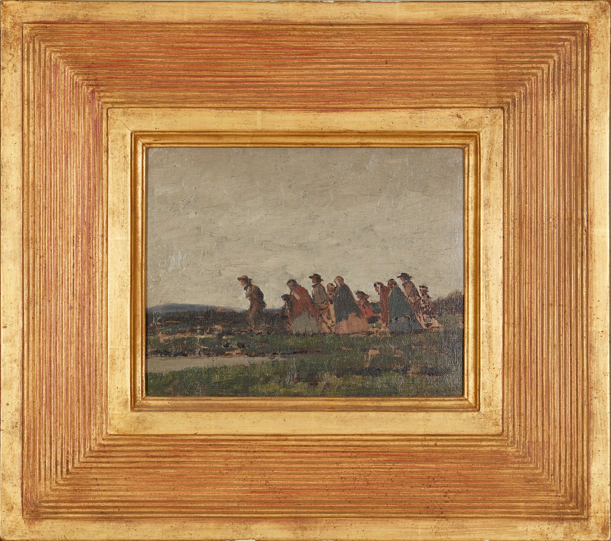 Figurer krydser et landskab (olie på lærred) af William (circle of) Nicholson