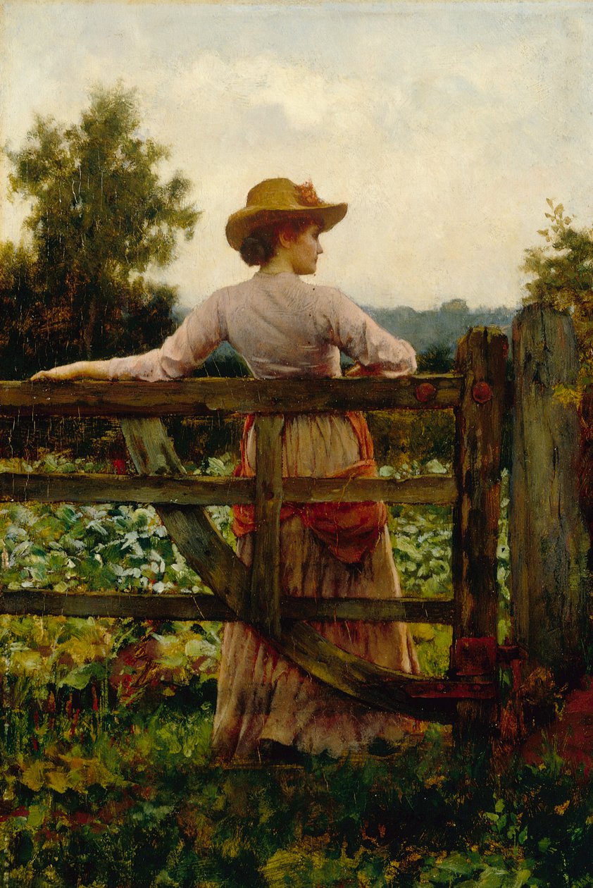 Trysting Place, kvinde læner sig op ad porten (olie på panel) af William A. Breakspeare