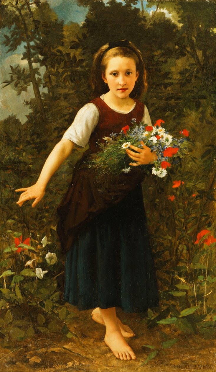 Lille pige ved bækken med et skjold af blomster, 1886 af William Adolphe Bouguereau