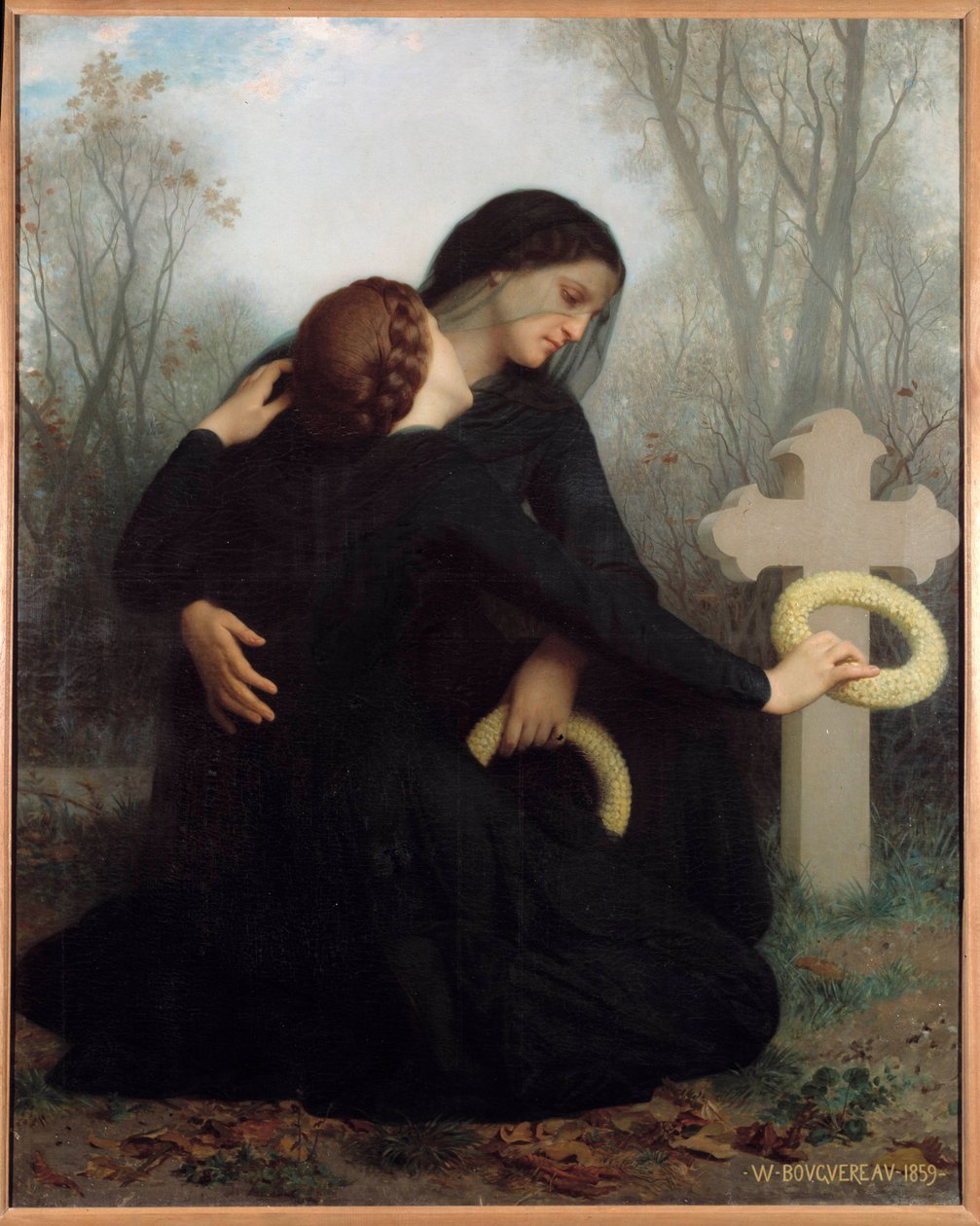 Dødsdagen En mor og datter foran den afdøde fars og mands (?) grav. Maleri af William Adolphe Bouguereau (1825-1905) Søn. 1,20 x 1,47 m. Bordeaux. Museum for Skønne Kunster af William Adolphe Bouguereau