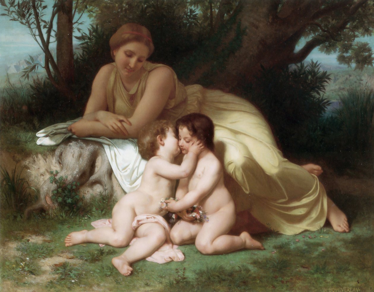 Ung kvinde betragter to omfavnende børn af William Adolphe Bouguereau