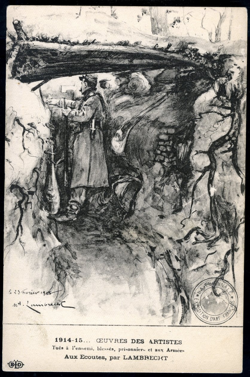 Første Verdenskrig - Krig 14-18 (1914-1918) - Første Verdenskrig (WWI eller 1. Verdenskrig): Frankrig, patriotisk kort, der viser en tegning af en soldat i en skyttegrav, der ser på frontlinjen, med titlen: 