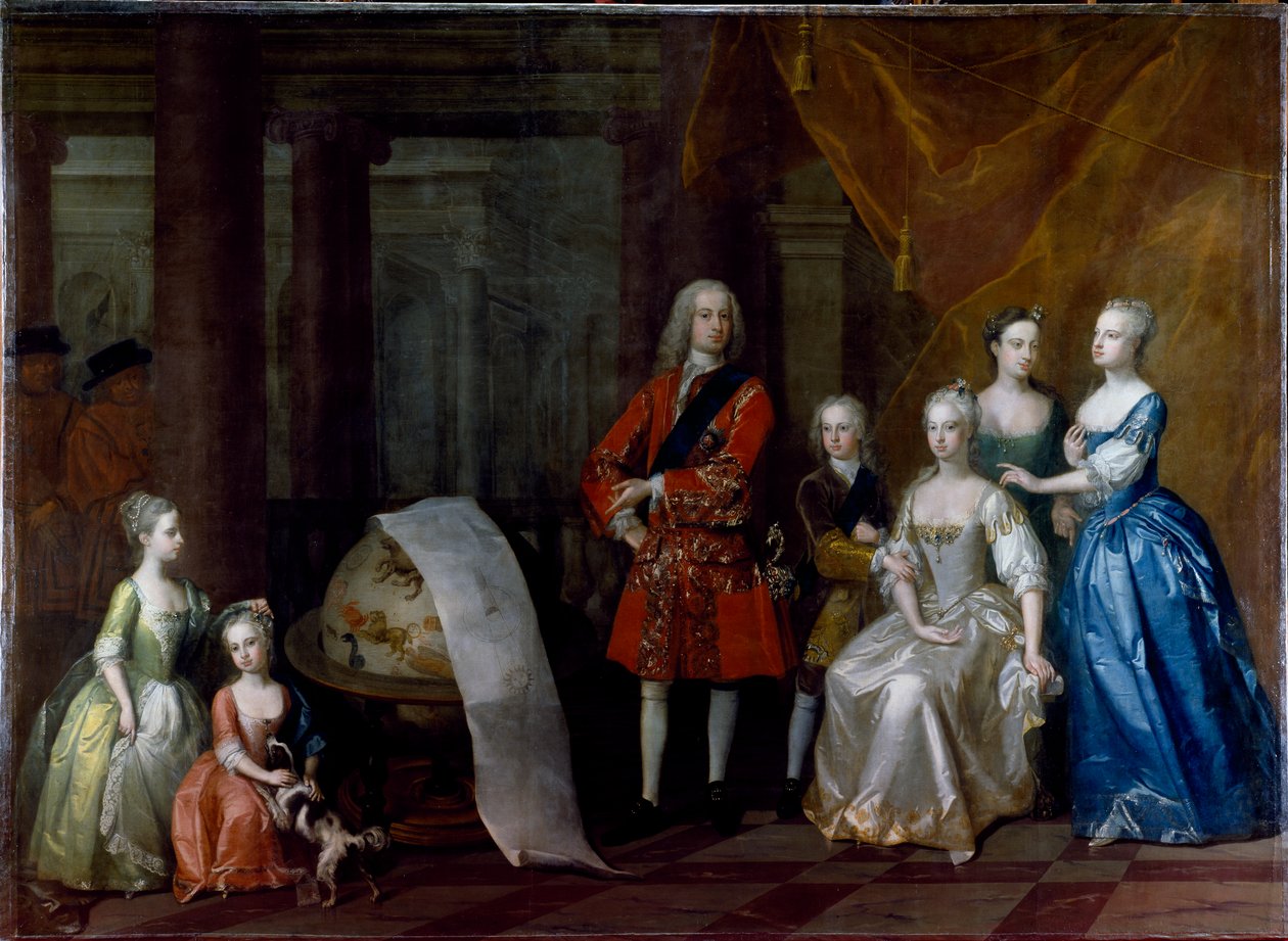 Gruppeportræt af Frederick, Prince of Wales, med sin bror hertugen af Cumberland og deres fem søstre af William Aikman