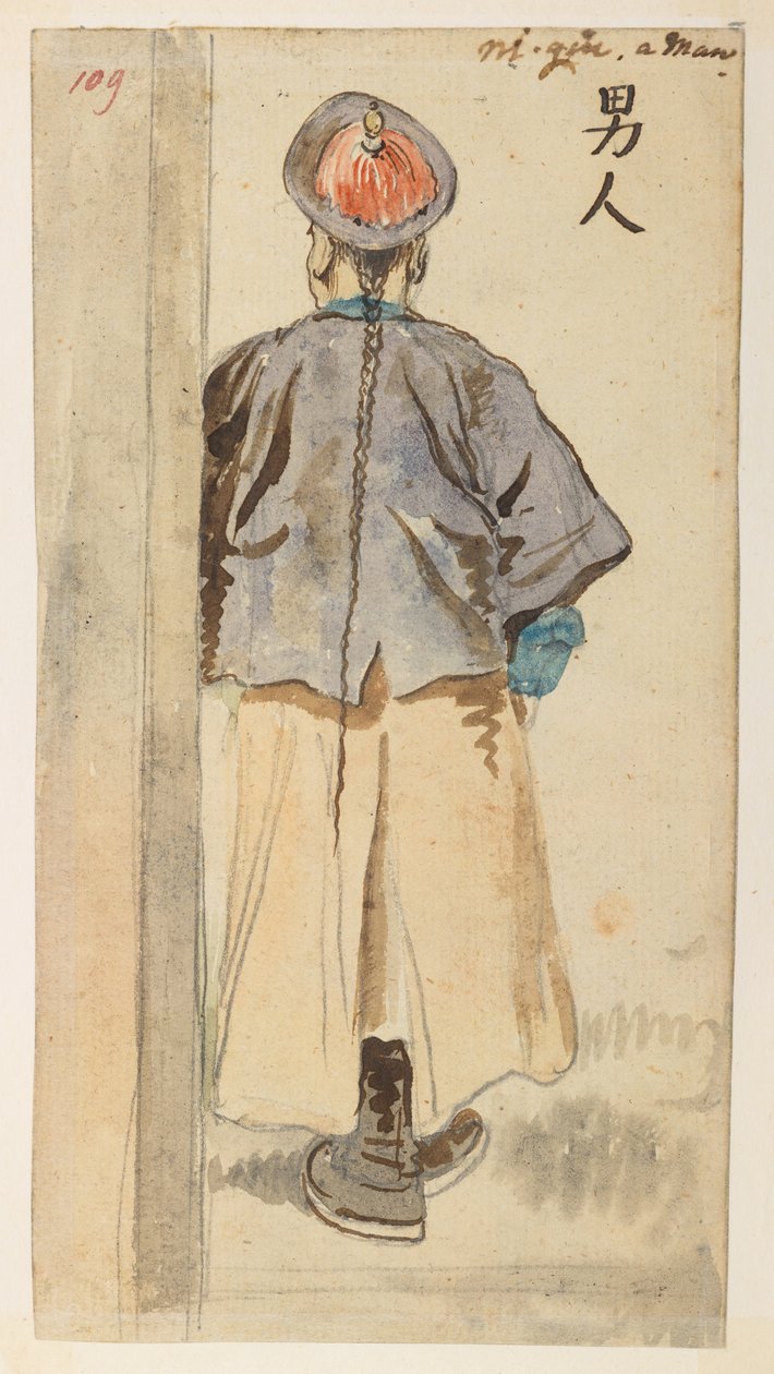 109 kinesisk figurstudie, fra et album med 372 tegninger af landskaber, kystlinjer, kostumer og hverdagsliv lavet under Lord Macartneys ambassade til kejseren af Kina, mellem 1792 og 1794 (blyant og akvarel på papir) af William Alexander