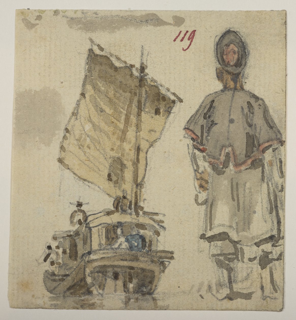 119 Båd- og figurstudier, fra et album med 372 tegninger af landskaber, kystlinjer, kostumer og hverdagsliv lavet under Lord Macartneys ambassade til kejseren af Kina, mellem 1792 og 1794 (blyant og akvarel på papir) af William Alexander