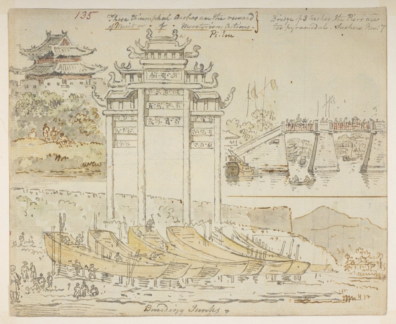 135 Junks bygges nær en triumfbue. »Disse triumfbuer er belønningen for fortjeneste eller fortjenstfulde handlinger. Bro med 3 buer. Molerne er for pyramideformede. Suchew [Soochow]. 7. nov.’, fra et album med 372 tegninger af landskaber, kystlinjer, co af William Alexander