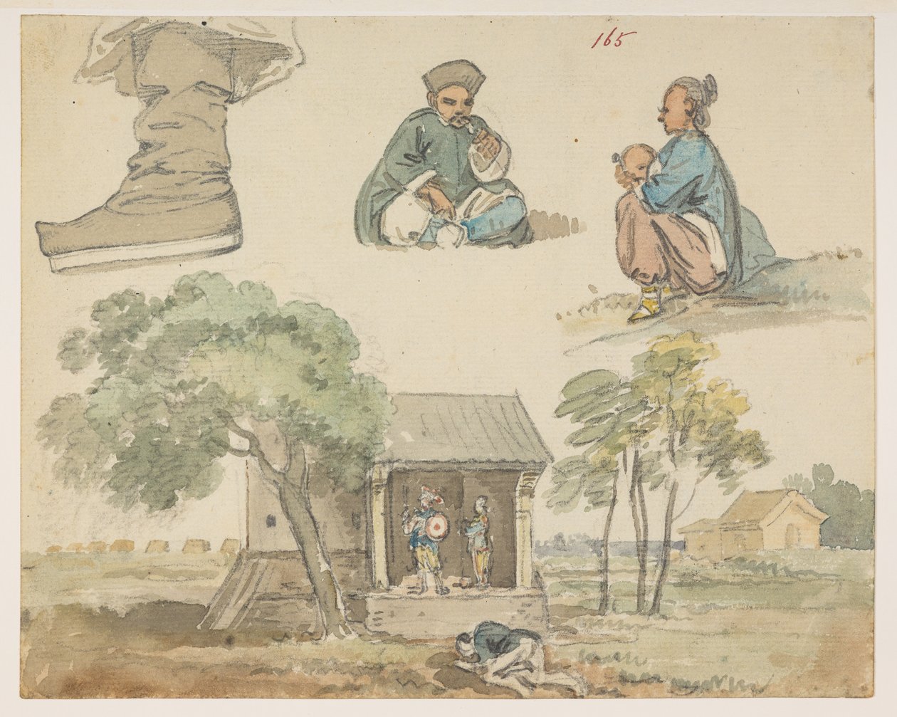165 Figurstudier og helligdom.  , fra et album med 372 tegninger af landskaber, kystlinjer, kostumer og hverdagsliv lavet under Lord Macartneys ambassade til kejseren af Kina, mellem 1792 og 1794 (blyant og akvarel på papir) af William Alexander