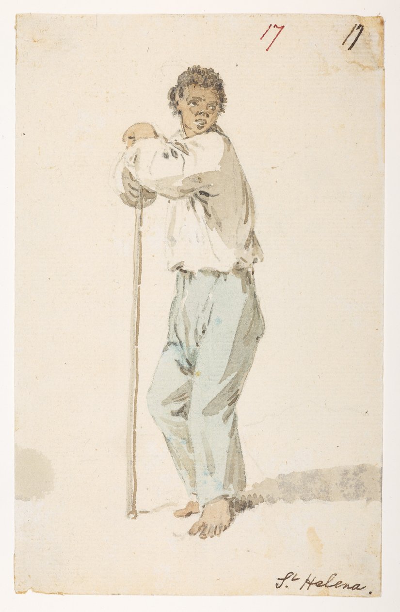 17 Indbyggere i ’St. Helena.’  fra et album med 372 tegninger af landskaber, kystlinjer, kostumer og hverdagsliv lavet under Lord Macartneys ambassade til Kinas kejser, mellem 1792 og 1794 (blyant og akvarel på papir) af William Alexander