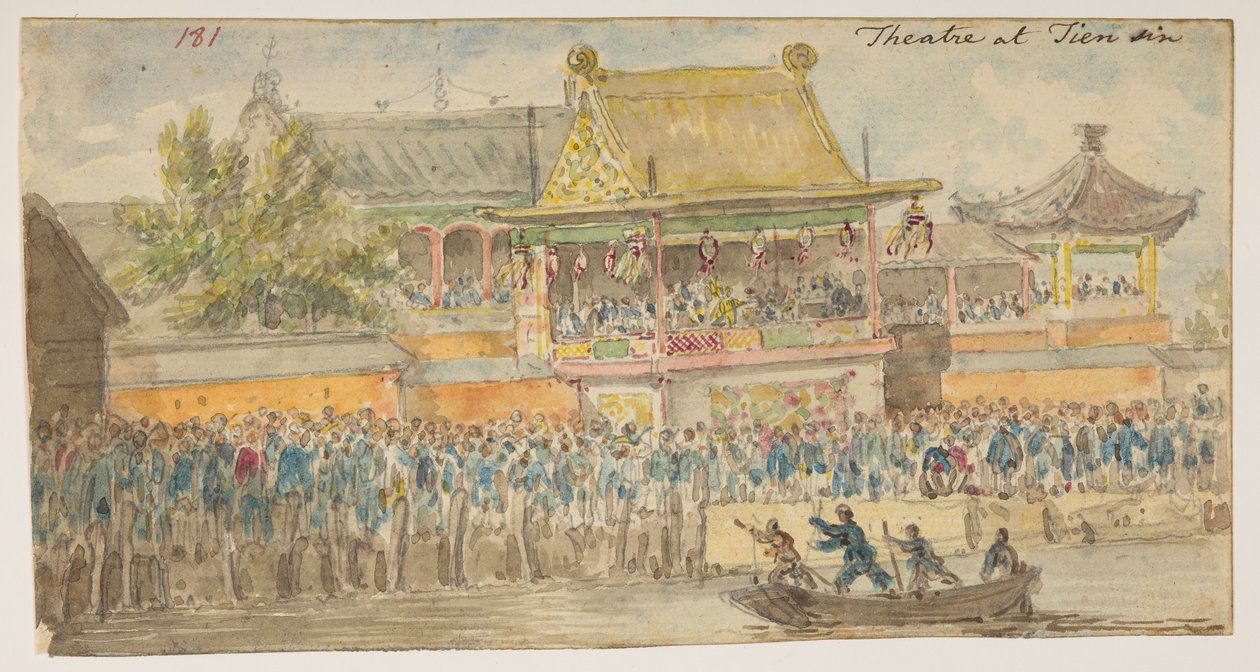 181 ‘Teater ved Tien synd.’  , fra et album med 372 tegninger af landskaber, kystlinjer, kostumer og hverdagsliv lavet under Lord Macartneys ambassade til Kinas kejser, mellem 1792 og 1794 (blyant og akvarel på papir) af William Alexander