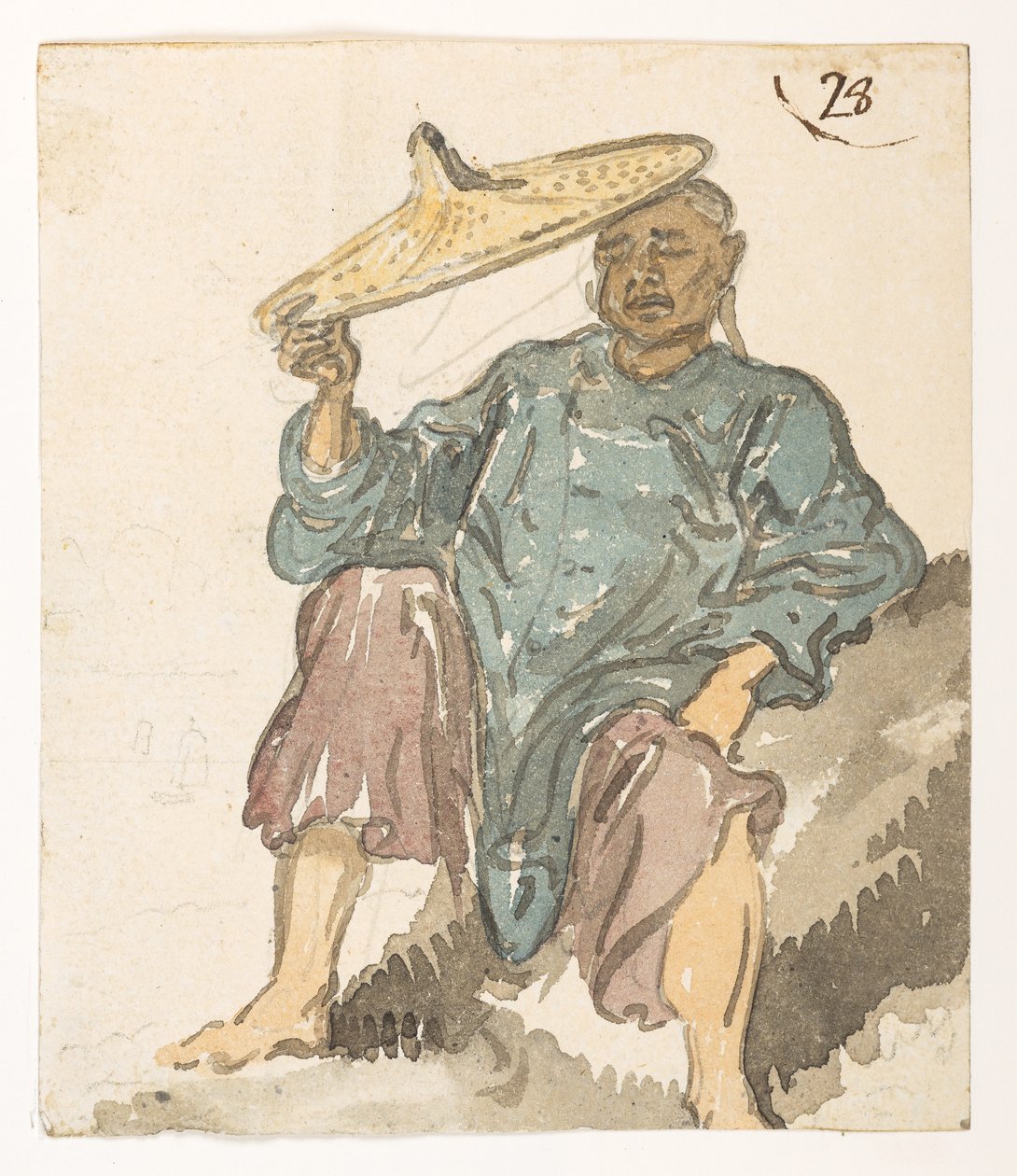 28 Sovende figur, sandsynligvis fra Turon-bugten.  fra et album med 372 tegninger af landskaber, kystlinjer, kostumer og hverdagsliv lavet under Lord Macartneys ambassade til Kinas kejser, mellem 1792 og 1794 (blyant og akvarel på papir) af William Alexander