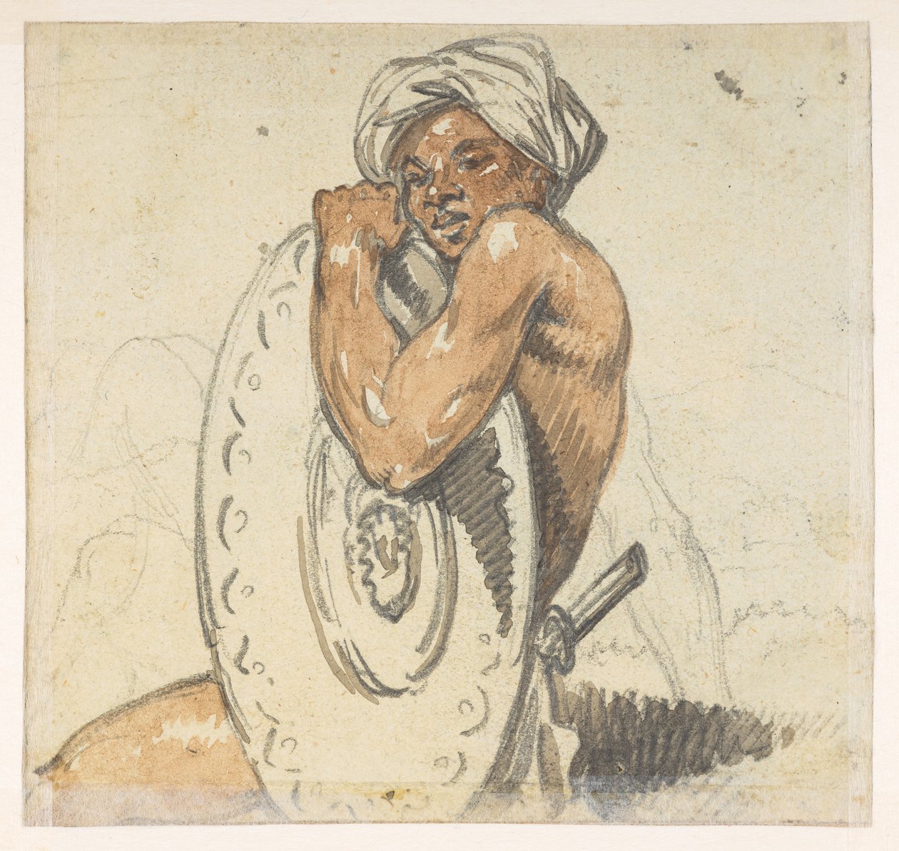 29v Ung mand med skjold.  fra et album med 372 tegninger af landskaber, kystlinjer, kostumer og hverdagsliv lavet under Lord Macartneys ambassade til Kinas kejser, mellem 1792 og 1794 (blyant og akvarel på papir) af William Alexander