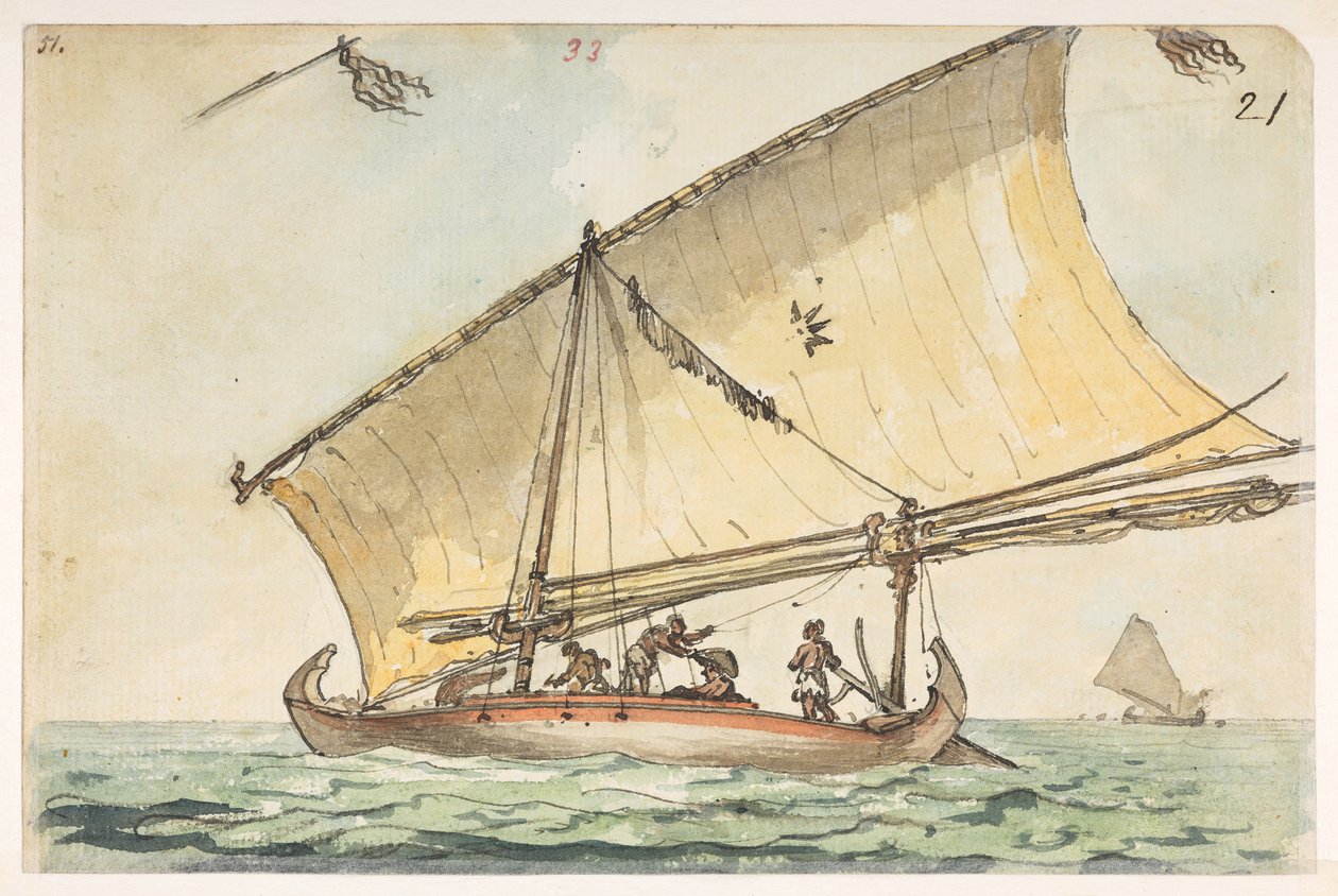 33 båd i Cochin Kina,  fra et album med 372 tegninger af landskaber, kystlinjer, kostumer og hverdagsliv lavet under Lord Macartneys ambassade til Kinas kejser, mellem 1792 og 1794 (blyant og akvarel på papir) af William Alexander