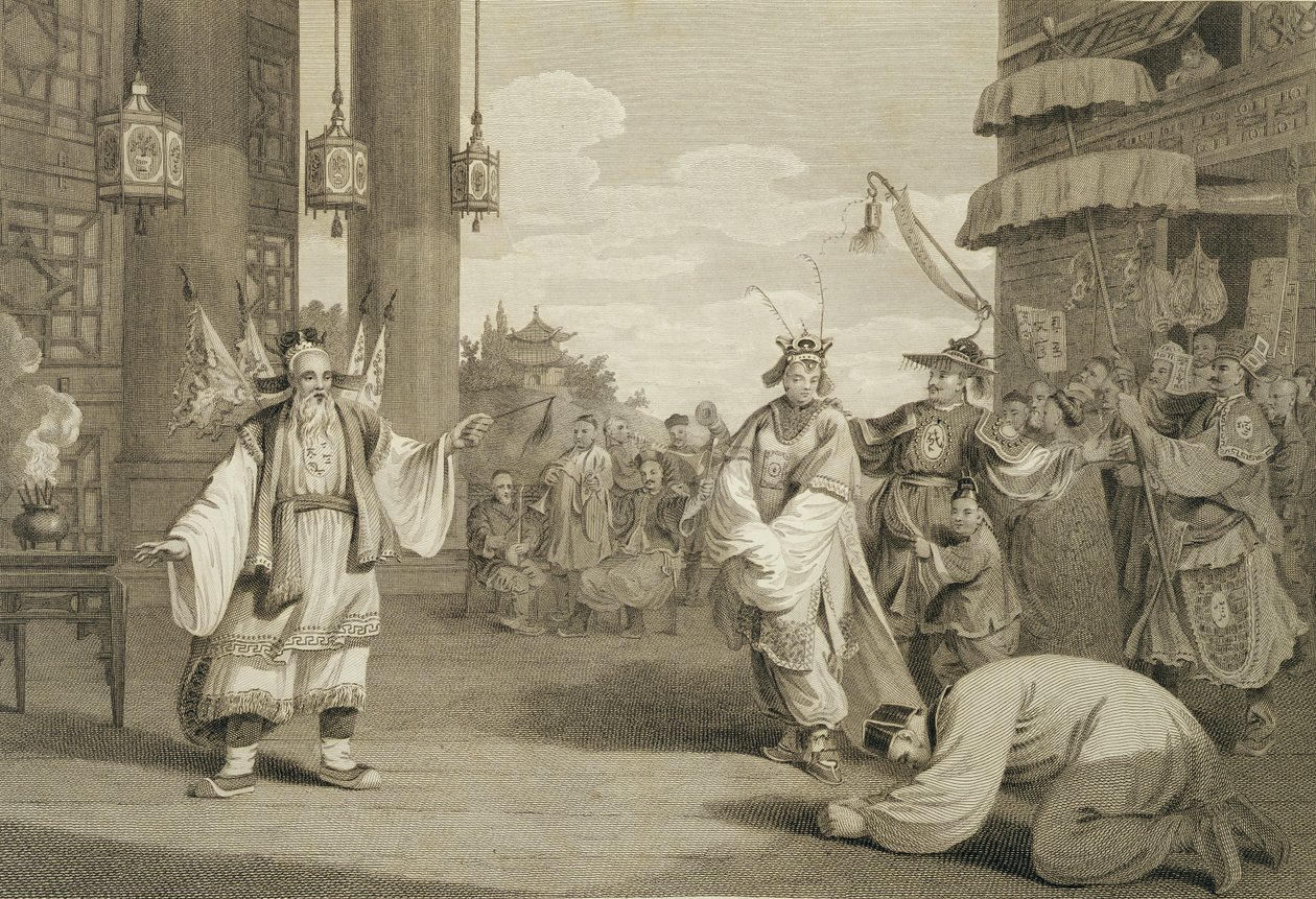 En scene i et historisk skuespil udstillet på den kinesiske scene, indgraveret af James Heath (1757-1834) pub. af G. Nicol, 1796 af William Alexander