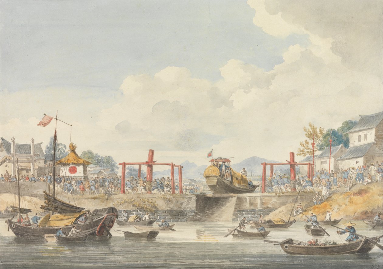 Ambassadens pramme bliver hevet fra en kanal til en anden på vej fra Han-Tcheou-Foo til Tchu-San, 16. november 1793 af William Alexander
