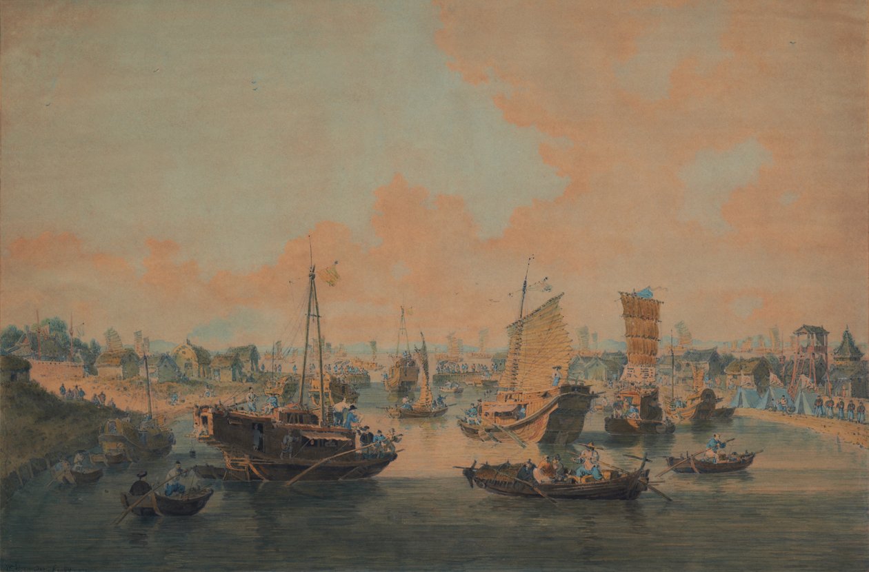 Kinesiske pramme fra ambassaden, der passerer gennem en sluse på Canal Grande af William Alexander