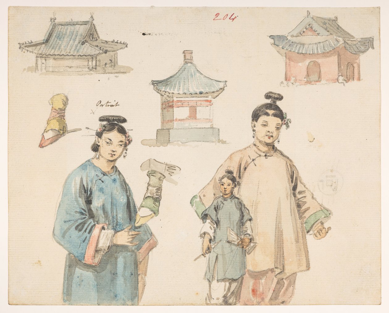 Figurstudier.Album med 278 tegninger af landskaber, kystlinjer, kostumer og hverdagsliv lavet under Lord Macartneys ambassade til kejseren af Kina. Mellem 1792 og 1794. Kunstner(e): Alexander, William (1767-1816) af William Alexander