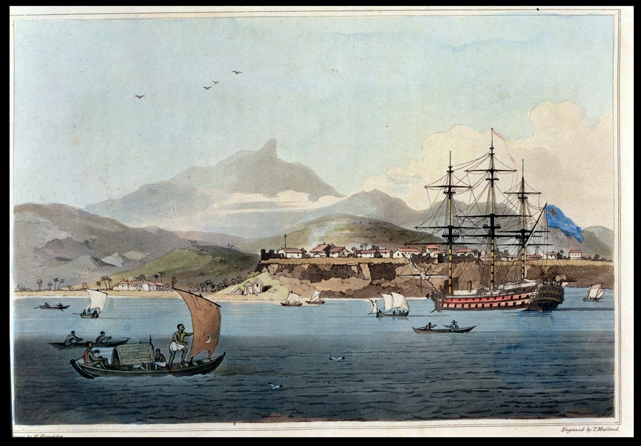 Porto Praya på øen St. Jago, planche 4 fra "A Voyage to Cochinchina" af John Barrow (1764-1848), graveret af Thomas Medland (1755-1823) 1806 (akvatint) af William Alexander