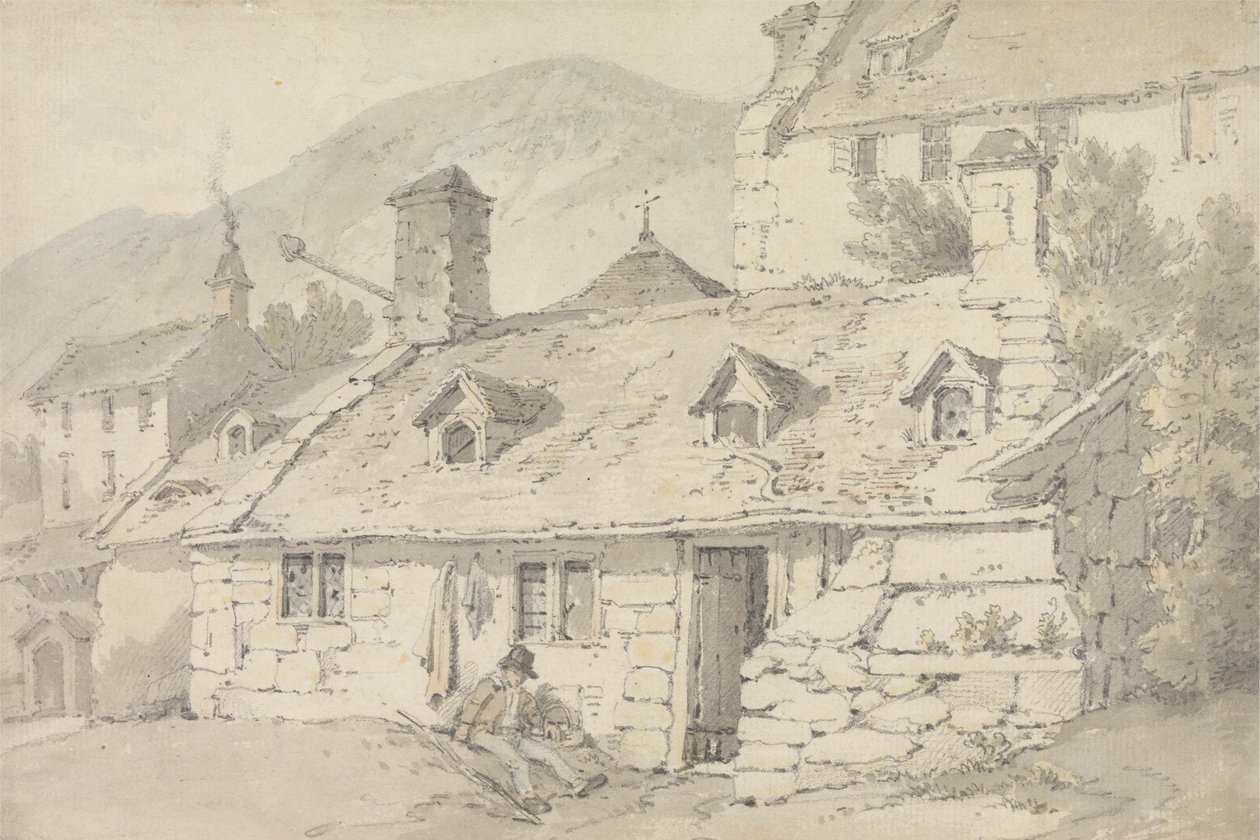 Stenhytter i et bjergrigt landskab med en figur i forgrunden af William Alexander