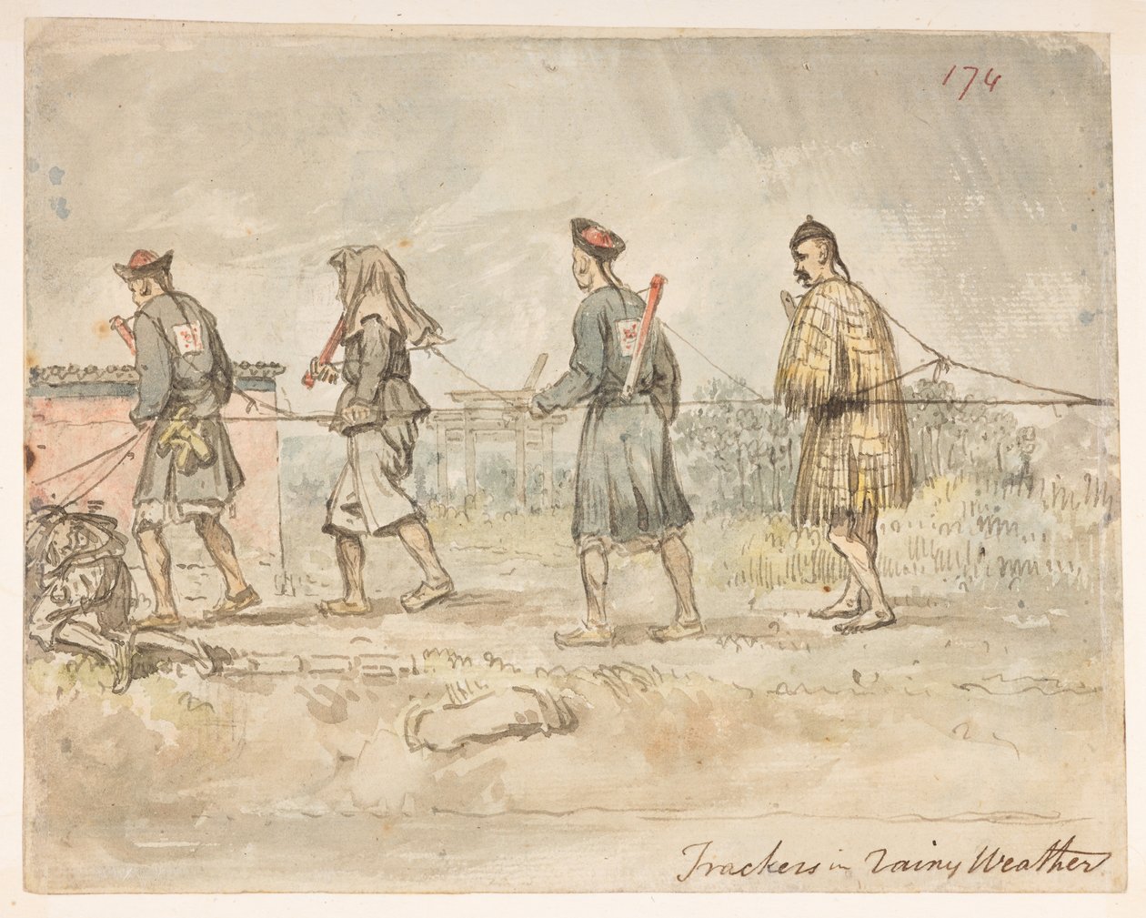 Sporer i regnvejr, fra et album med 278 tegninger af landskaber, kystlinjer, kostumer og hverdagsliv lavet under Lord Macartneys ambassade til kejseren af Kina (blyant og akvarel på papir) af William Alexander
