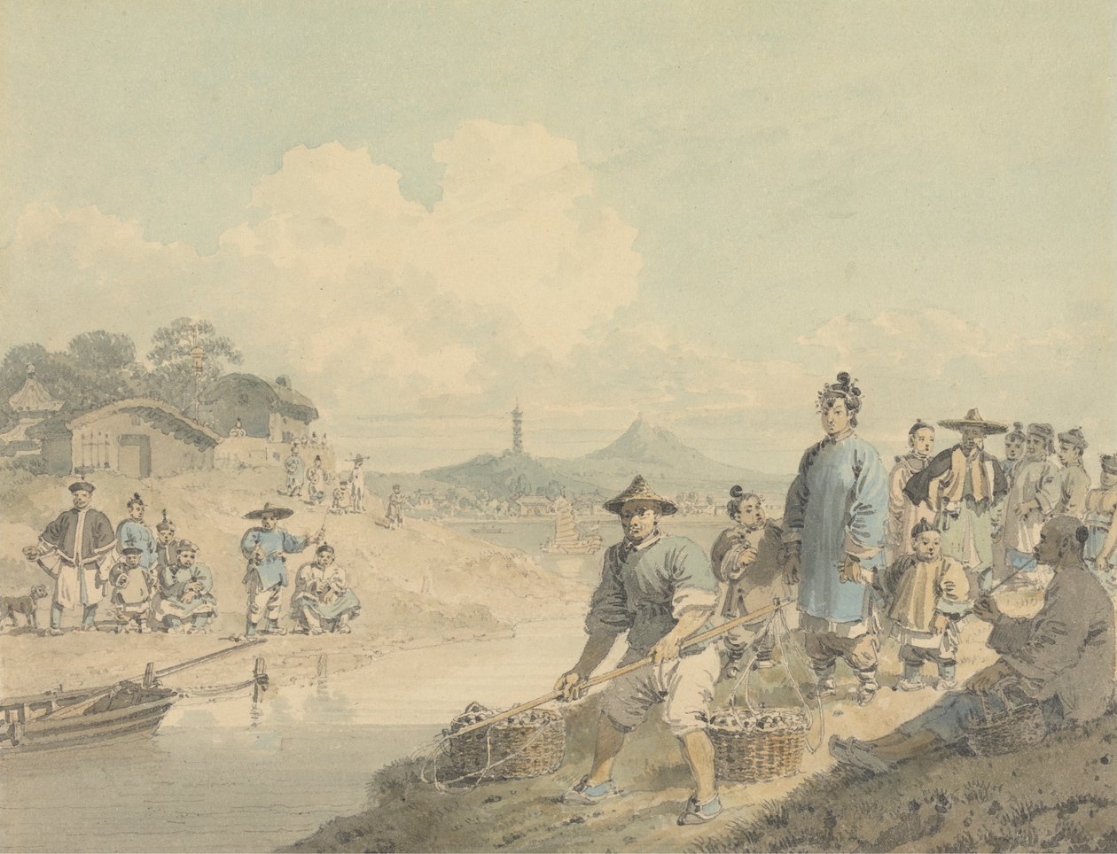 Udsigt i Kina: Figurer med pagode og bjerg af William Alexander