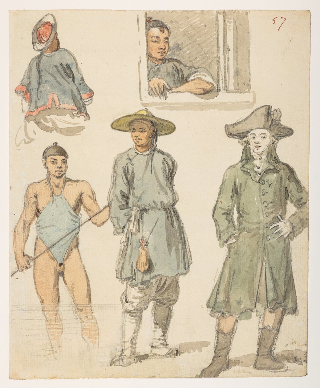 f.11 57 Studier af kinesisk,  fra et album med 372 tegninger af landskaber, kystlinjer, kostumer og hverdagsliv lavet under Lord Macartneys ambassade til Kinas kejser, mellem 1792 og 1794 (blyant og akvarel på papir) af William Alexander