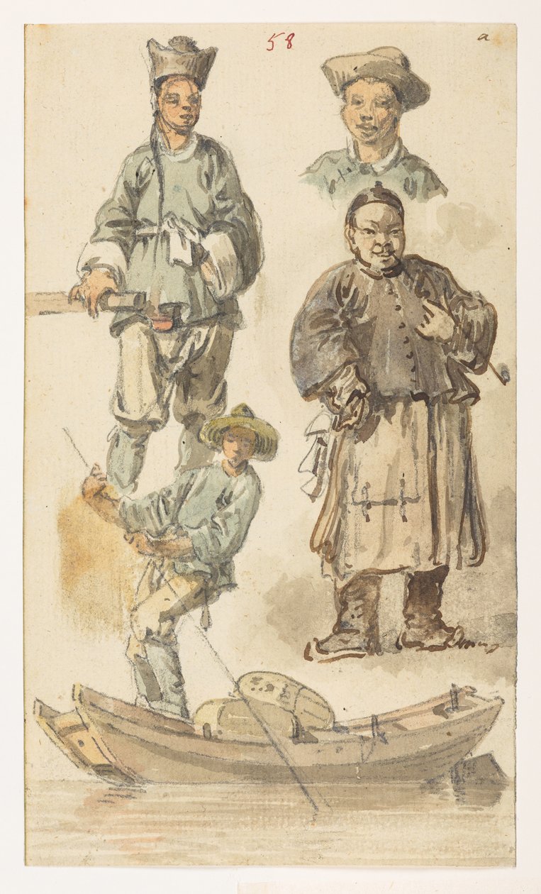 f.11 58 Studier af kinesisk,  fra et album med 372 tegninger af landskaber, kystlinjer, kostumer og hverdagsliv lavet under Lord Macartneys ambassade til Kinas kejser, mellem 1792 og 1794 (blyant og akvarel på papir) af William Alexander