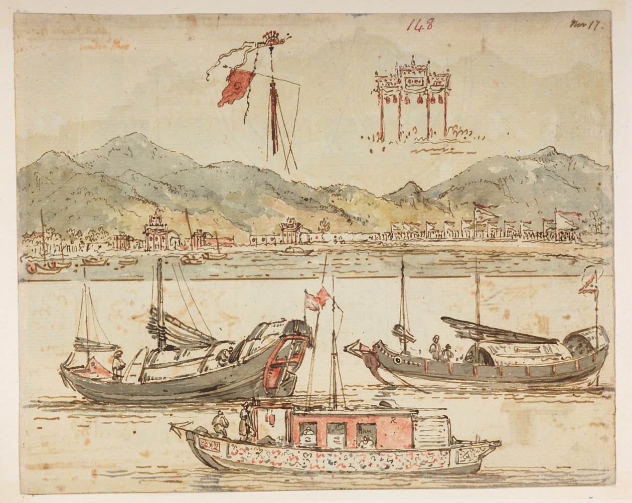 f.59 148 Både og triumfbuer.  , fra et album med 372 tegninger af landskaber, kystlinjer, kostumer og hverdagsliv lavet under Lord Macartneys ambassade til Kinas kejser, mellem 1792 og 1794 (blyant og akvarel på papir) af William Alexander