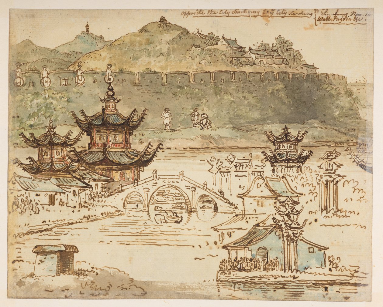 f.59 148v ‘Overfor byen Shin-ring in ye City Liu-shung. Sin-chung Nov 16. Wall, Pagoda etc.’, fra et album med 372 tegninger af landskaber, kystlinjer, kostumer og hverdagsliv lavet under Lord Macartneys ambassade til kejseren af Kina, mellem 179 af William Alexander