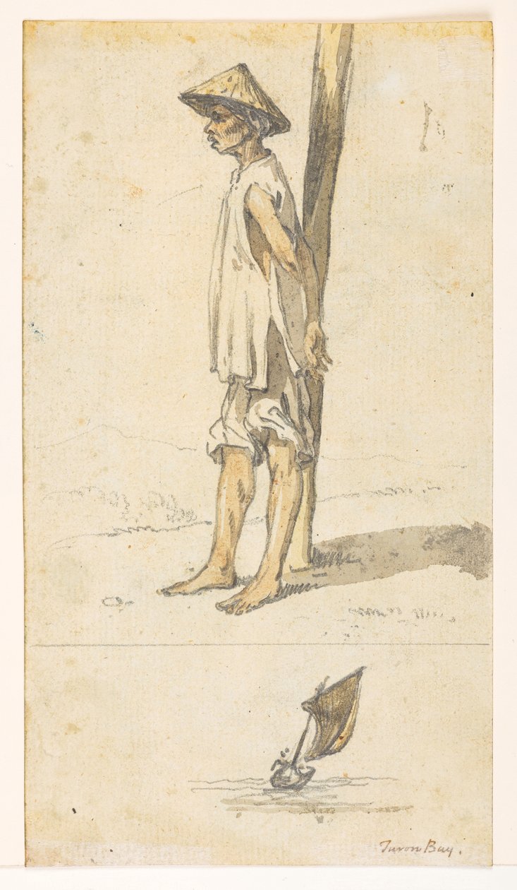 f.5 32v Ung mand lænet op ad et træ;en båd. 