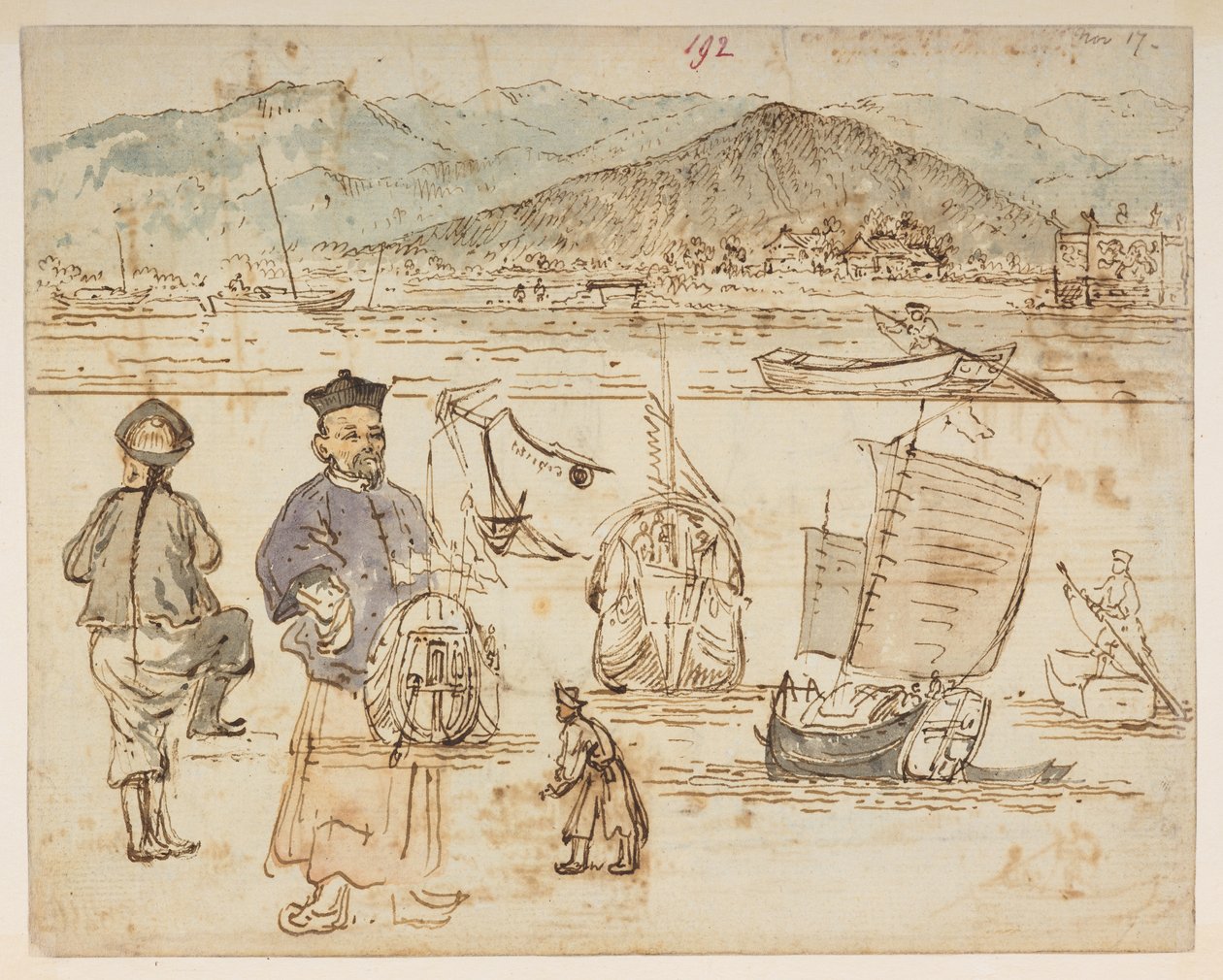 f.67 192 Figurstudier, med både medtaget i 192.  , fra et album med 372 tegninger af landskaber, kystlinjer, kostumer og hverdagsliv lavet under Lord Macartneys ambassade til Kinas kejser, mellem 1792 og 1794 (blyant og akvarel på papir) af William Alexander