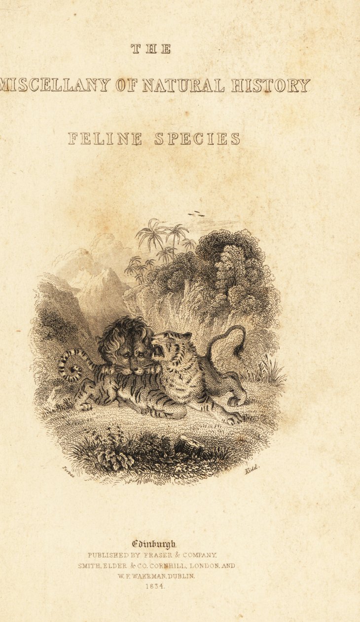 Titelblad med vignet af en løve, der angriber en tiger. ,1834 (gravering) af William Alexander Forbes