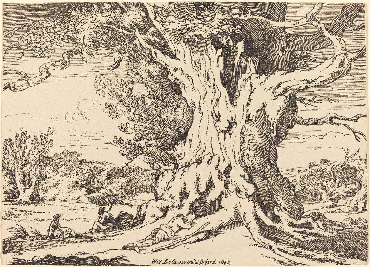 Hviler, mænd og hunde under et stort træ af William Alfred Delamotte