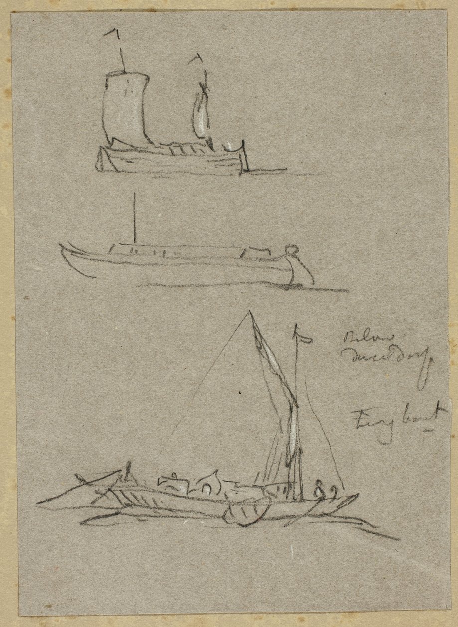 Tre skitser af Düsseldorf-flodbåde af William Alfred Delamotte