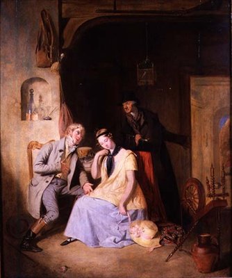 En bejler med sin elsker bliver presset af kusken til en hurtig flugt (olie på panel) af William Allan