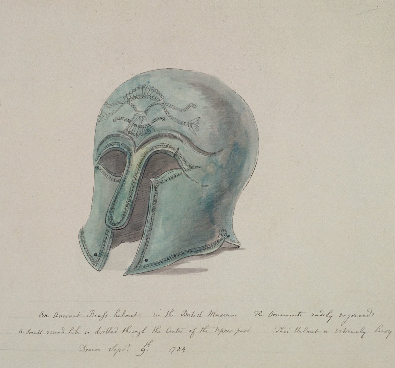 Gammel messinghjelm fra British Museum, Holborn, London, 1784 af William Angus