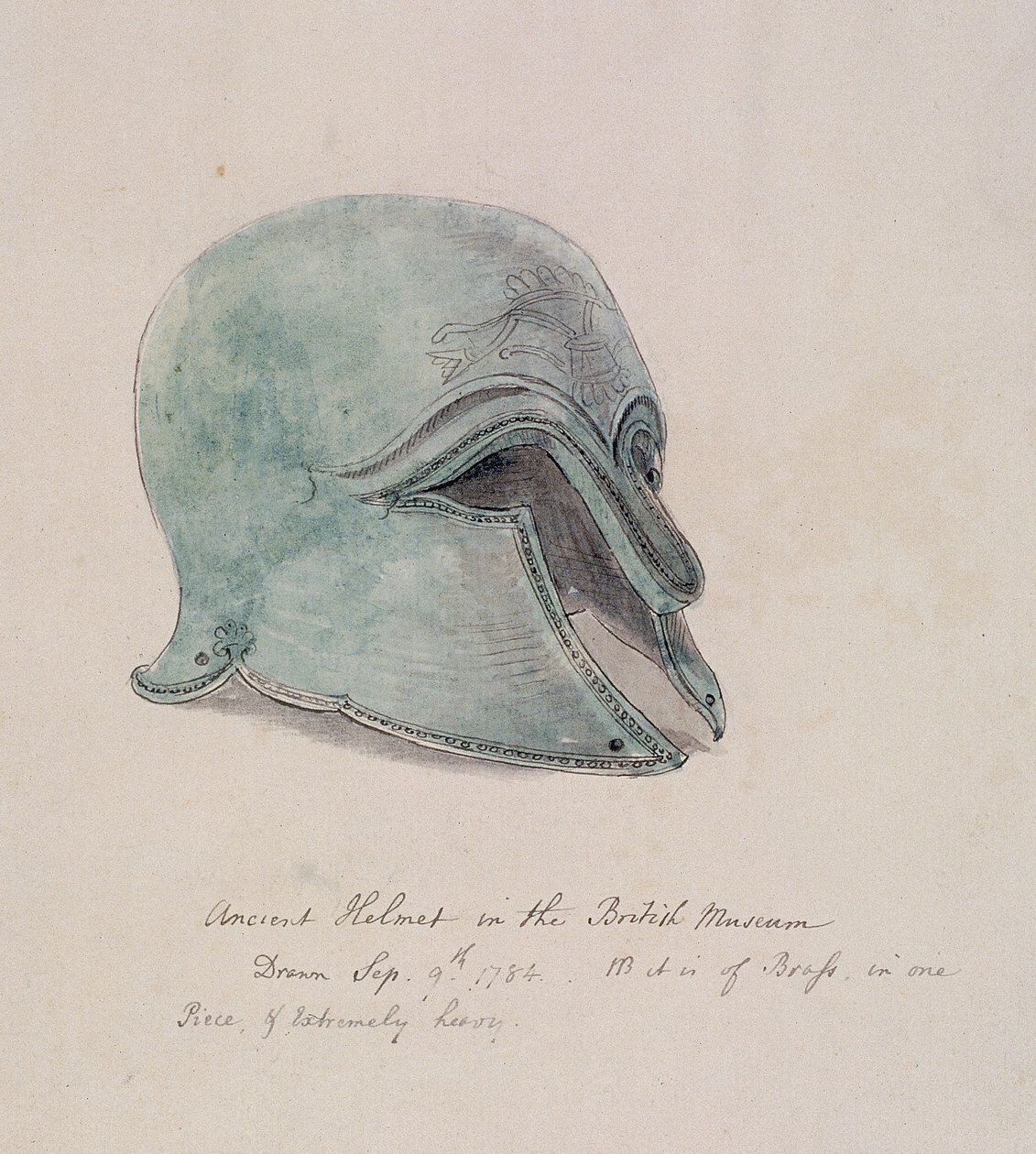 Gammel messinghjelm fra British Museum, Holborn, London, 1784 af William Angus